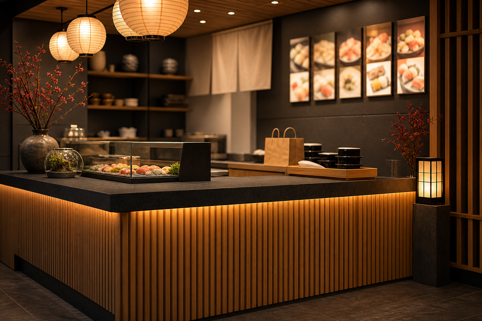 Warm modern sushi counter interior